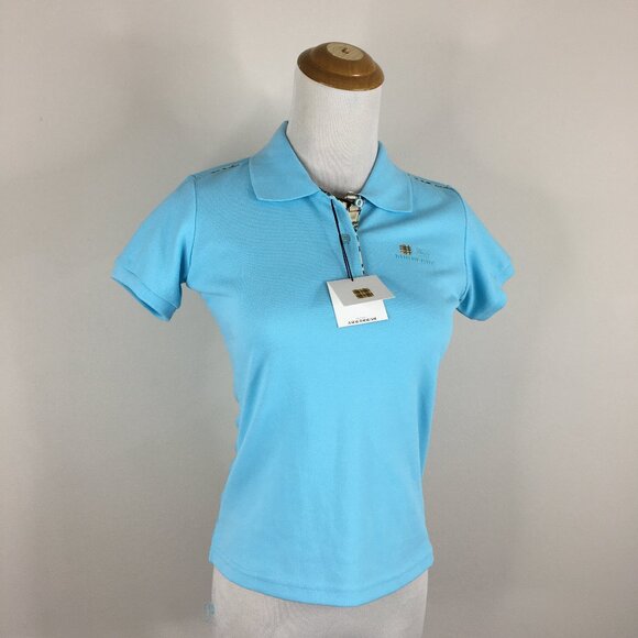 NWT BURBERRY London Mint Blue MultiColor Plaid Trim Short Sleeve Polo Shirt Top - Picture 1 of 11